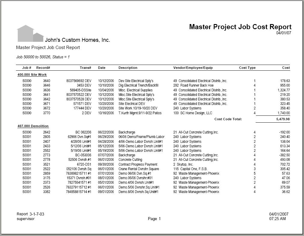03-01-07-03 Master Project Job Cost Report