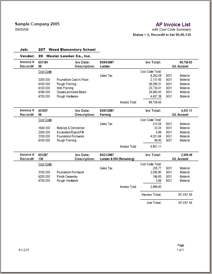 04-01-02-01 AP Invoice List with Cost Code Summary