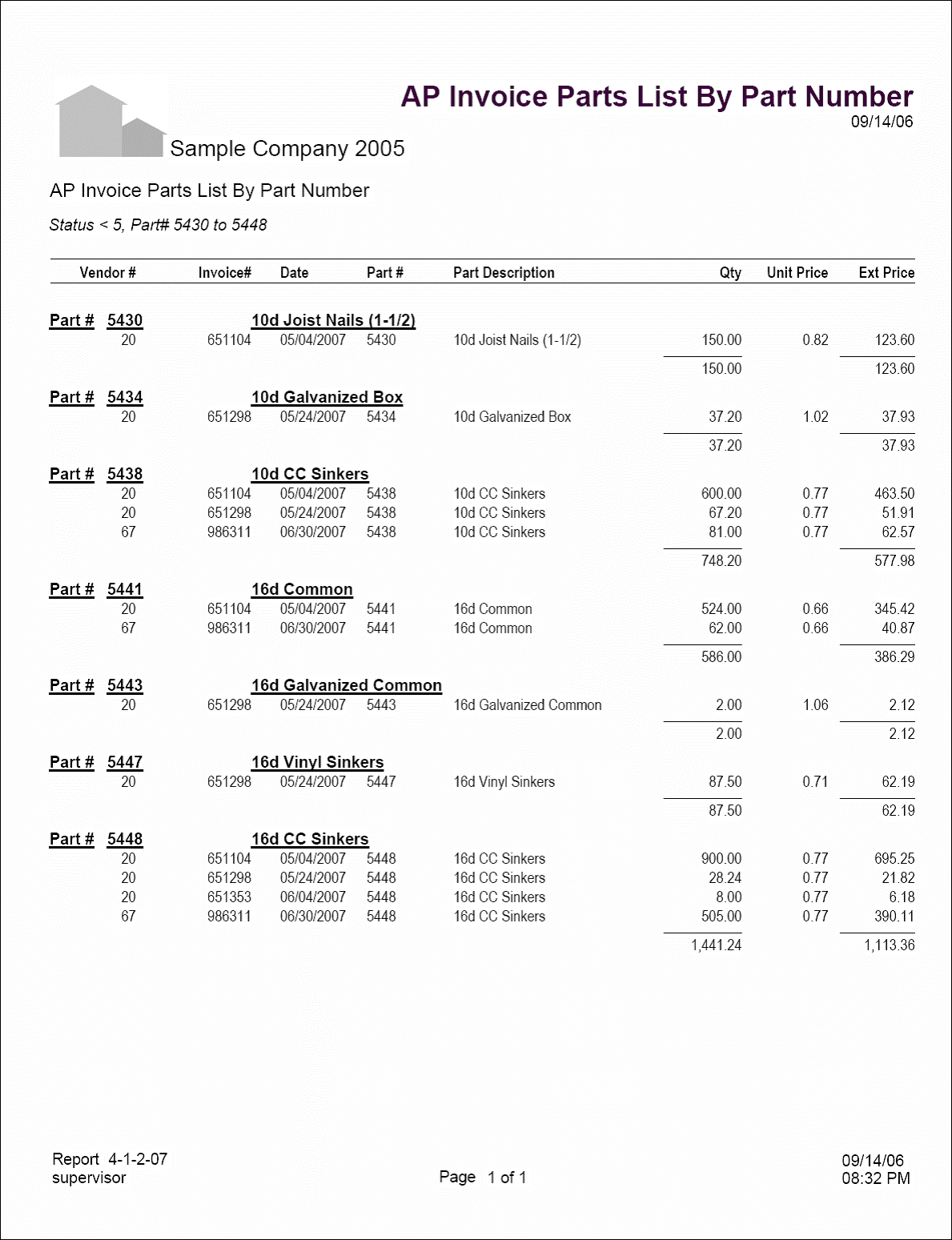 04-01-02-07 AP Invoice Parts with Unit Price by Part Number / Vendor