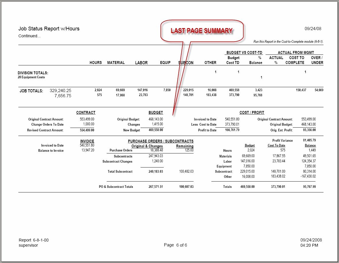 06-08-01-00 Job Status Report with Summary (6-8 Cost-to-Complete)