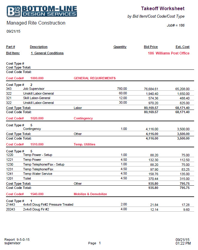09-05-00-15 Takeoff Worksheet by Cost Codes w- Detail & Totals 