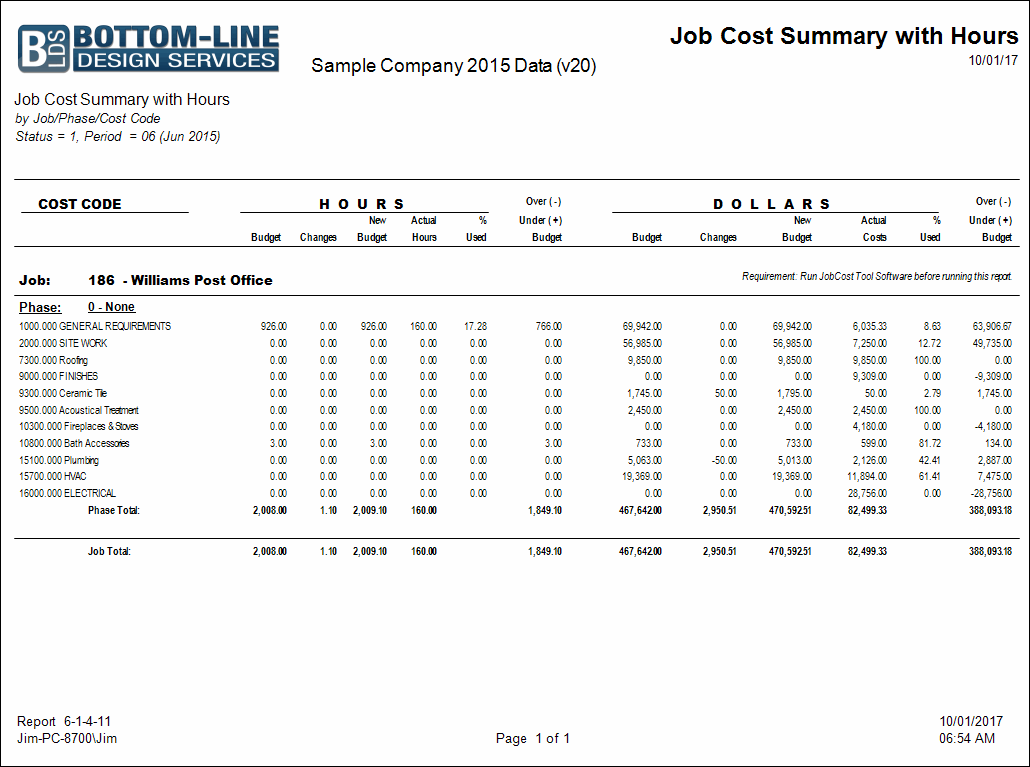 06-01-04-11 Job Cost Summary with Hours Detail by Job/Phase/Cost Code. (REQUIRES JCT software $400 not included, purchase separately)