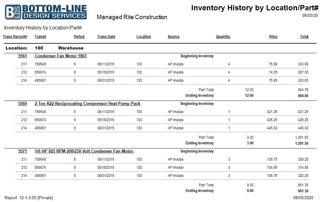 12-01-03-05 Inventory History by Location-Part No.