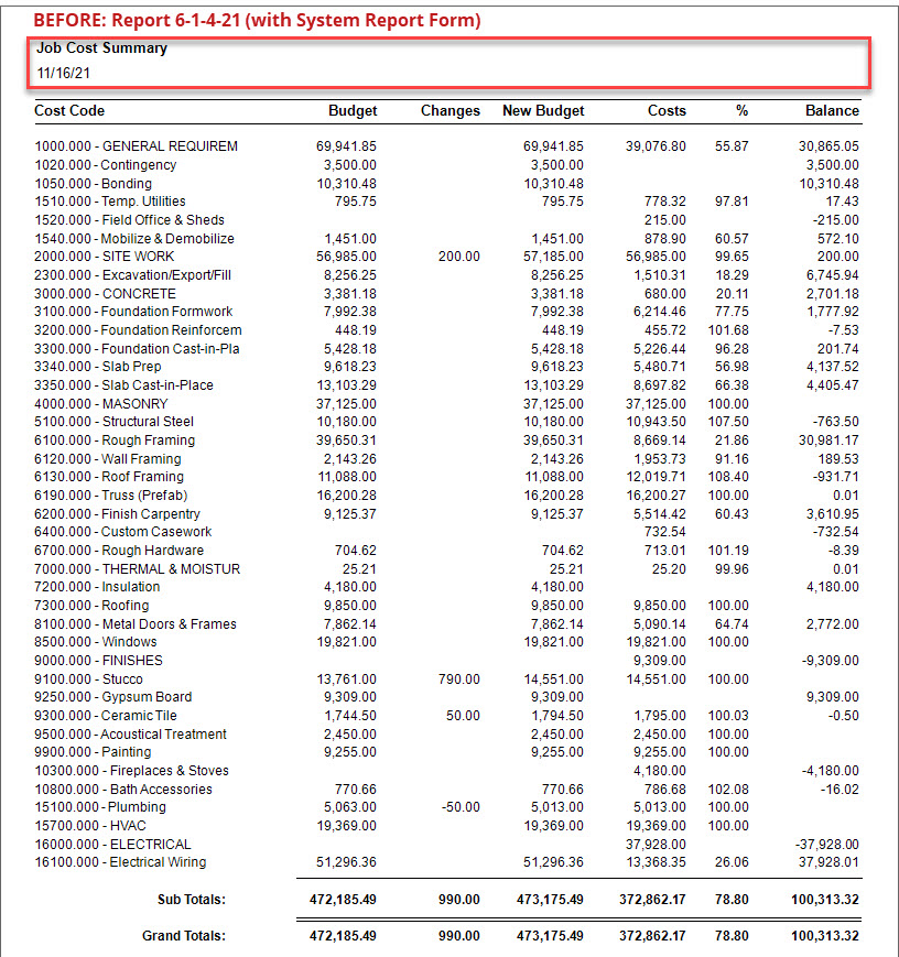 "Job Data" Report Form