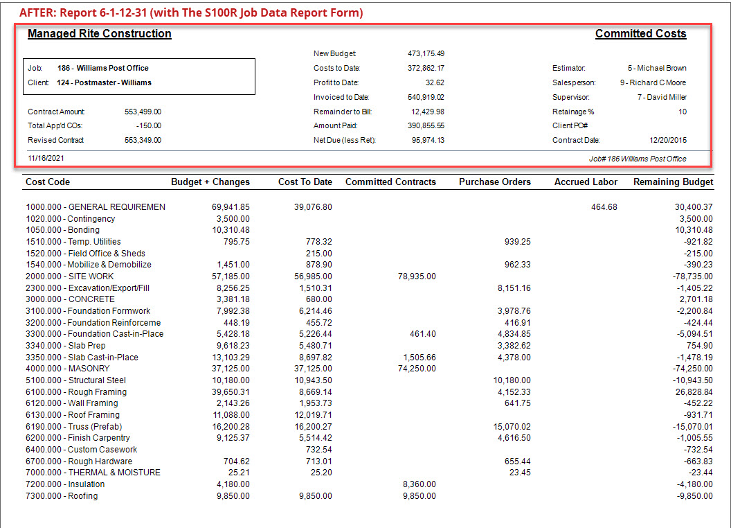 "Job Data" Report Form